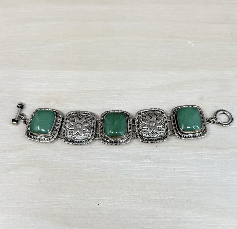 Taxco Sterling Silver 950 Stone Panel Link Mexico Bracelet Toggle Clasp 99 Grams